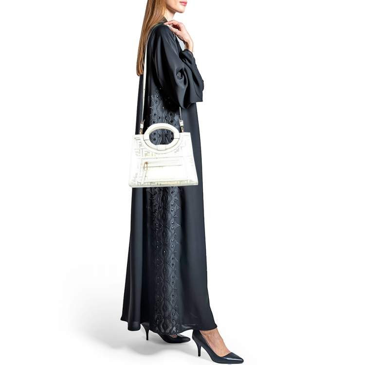Pre Owned Fendi Transparent/Off White Zucca PVC and Leather Small Runaway Shopper Tote