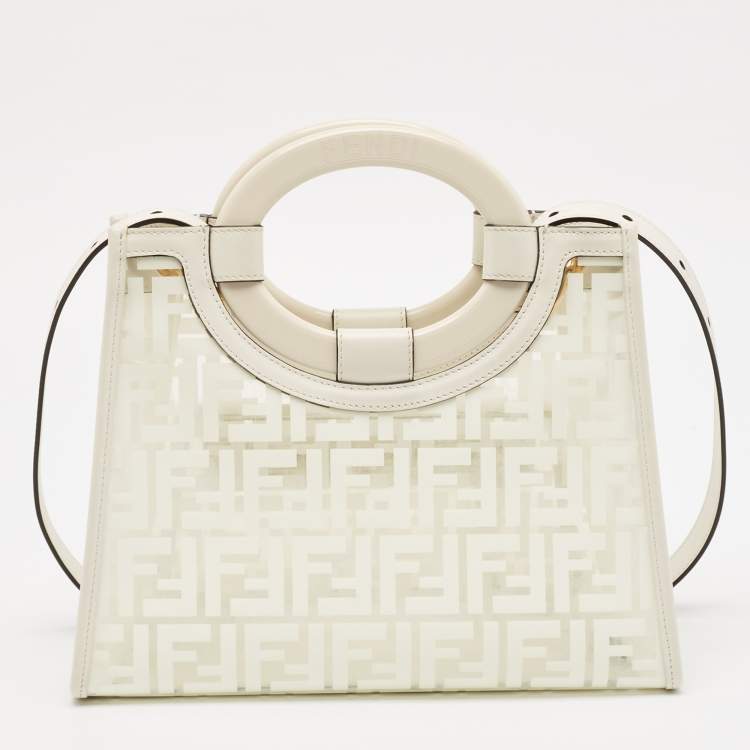 Pre Owned Fendi Transparent/Off White Zucca PVC and Leather Small Runaway Shopper Tote