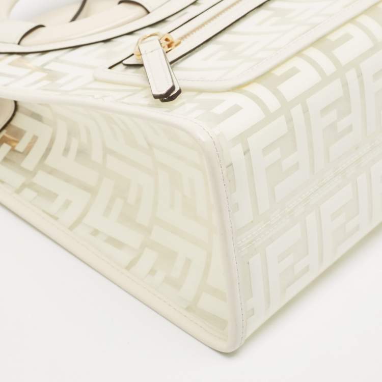 Pre Owned Fendi Transparent/Off White Zucca PVC and Leather Small Runaway Shopper Tote