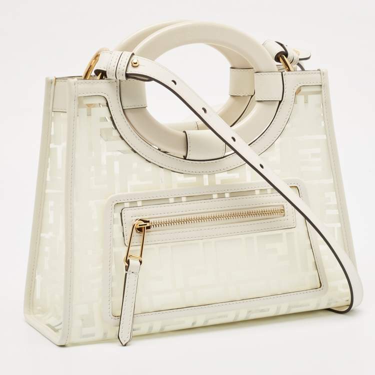 Pre Owned Fendi Transparent/Off White Zucca PVC and Leather Small Runaway Shopper Tote
