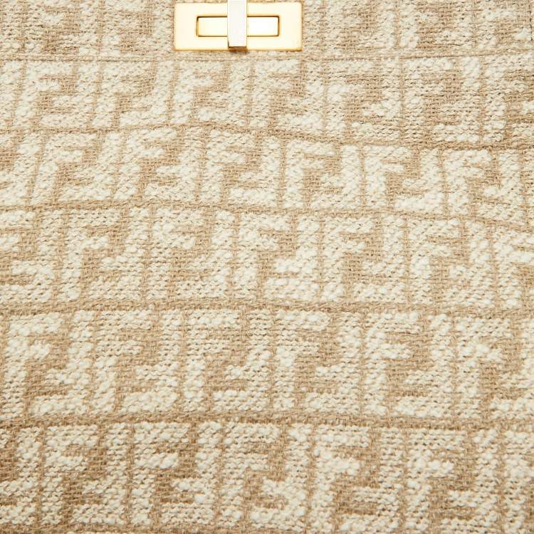 Pre Owned Fendi Beige/White Zucca Fabric and Leather Large Selleria Peekaboo Top Handle Bag