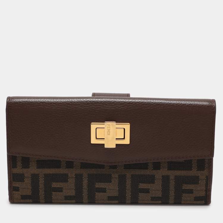 Pre Owned Fendi Tobacco Zucca Canvas and Leather Turnlock Flap Continental Wallet