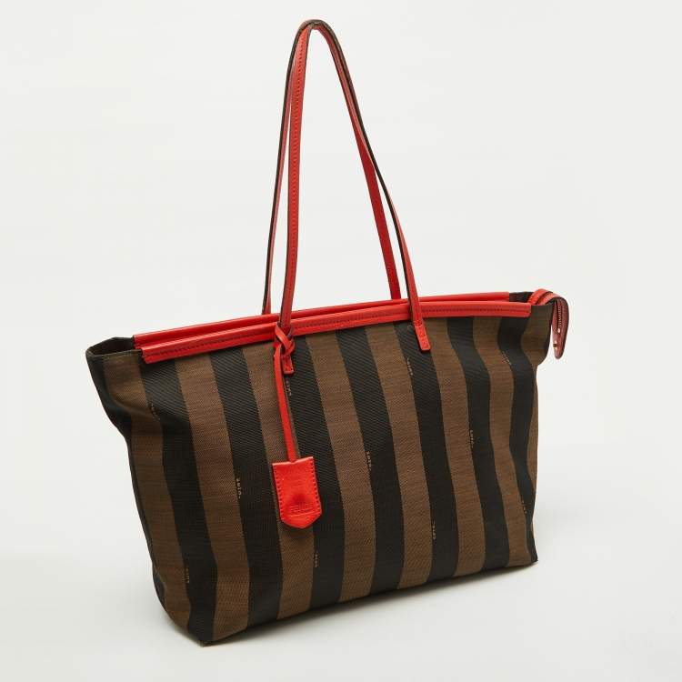 Pre Owned Fendi Tobacco/Orange Pequin Striped Canvas and Leather Roll Tote
