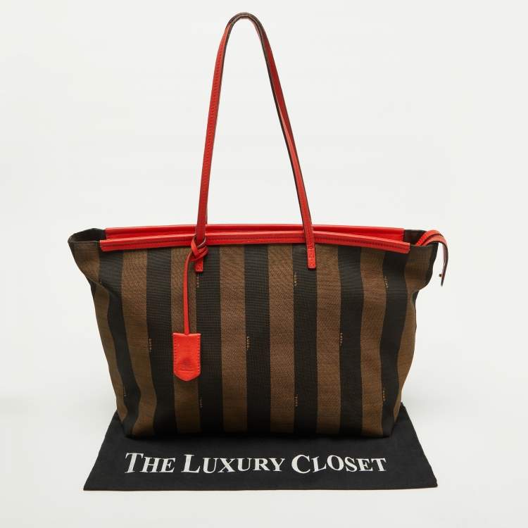 Pre Owned Fendi Tobacco/Orange Pequin Striped Canvas and Leather Roll Tote