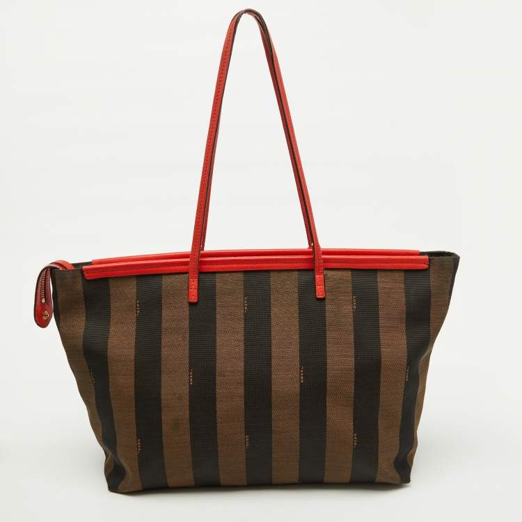 Pre Owned Fendi Tobacco/Orange Pequin Striped Canvas and Leather Roll Tote