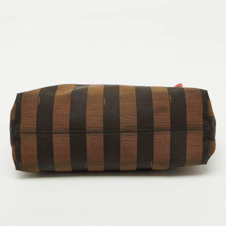 Pre Owned Fendi Tobacco/Orange Pequin Striped Canvas and Leather Roll Tote