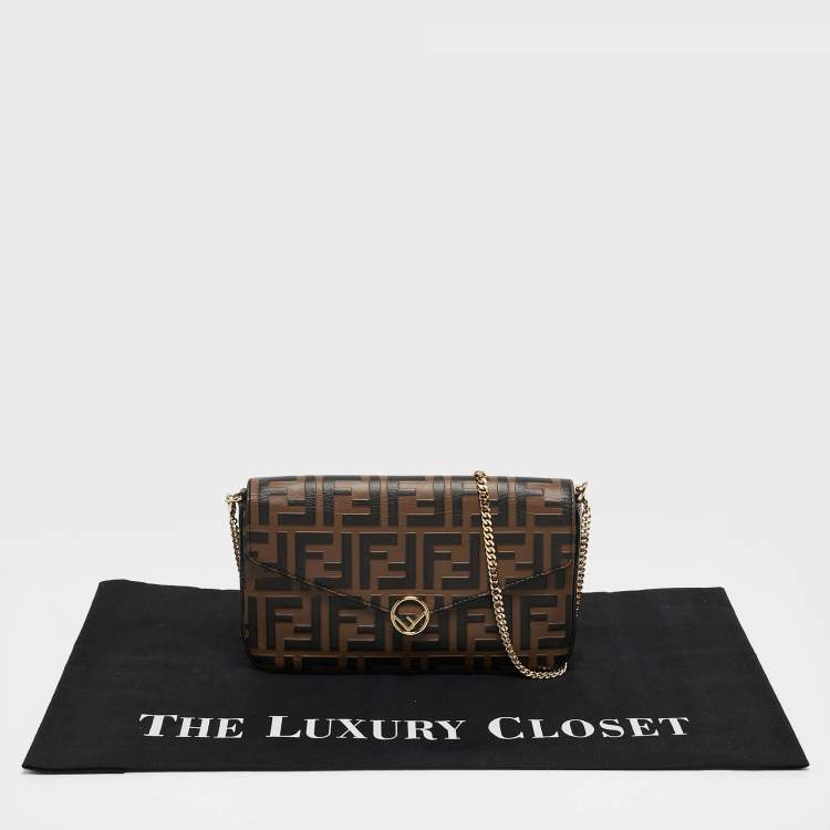Pre Owned Fendi Tobacco/Black Zucca Embossed Leather FF Wallet On Chain