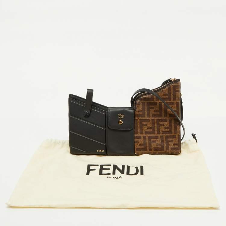 Pre Owned Fendi Black/Tobacco Zucca Coated Canvas and Leather Business 3 Pocket Crossbody Bag