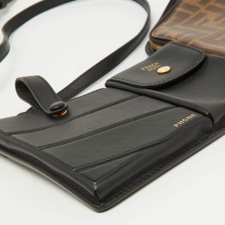 Pre Owned Fendi Black/Tobacco Zucca Coated Canvas and Leather Business 3 Pocket Crossbody Bag