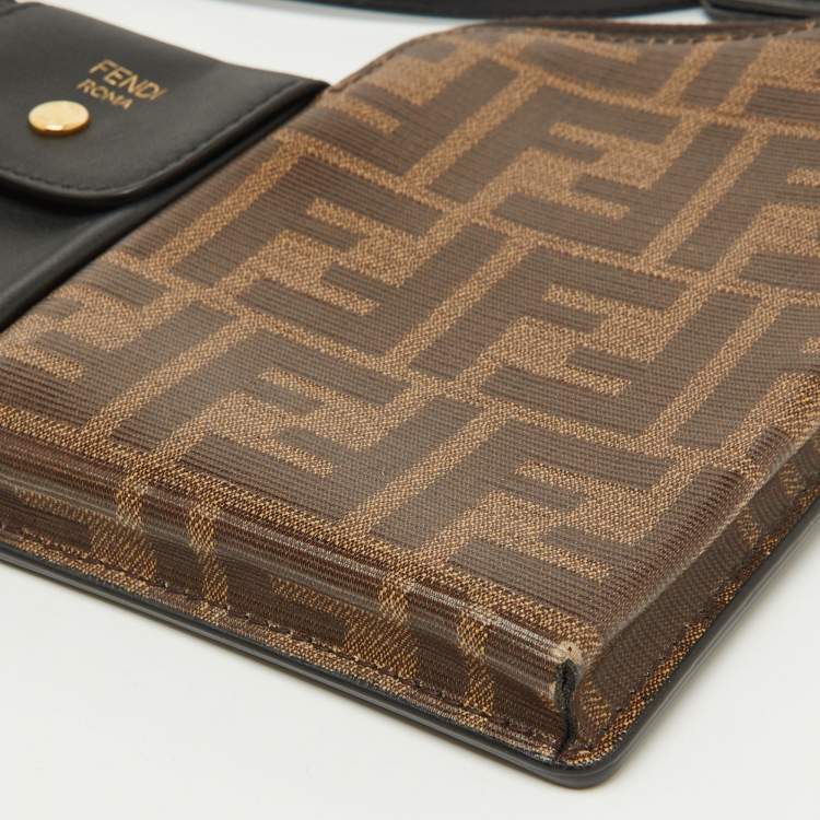 Pre Owned Fendi Black/Tobacco Zucca Coated Canvas and Leather Business 3 Pocket Crossbody Bag