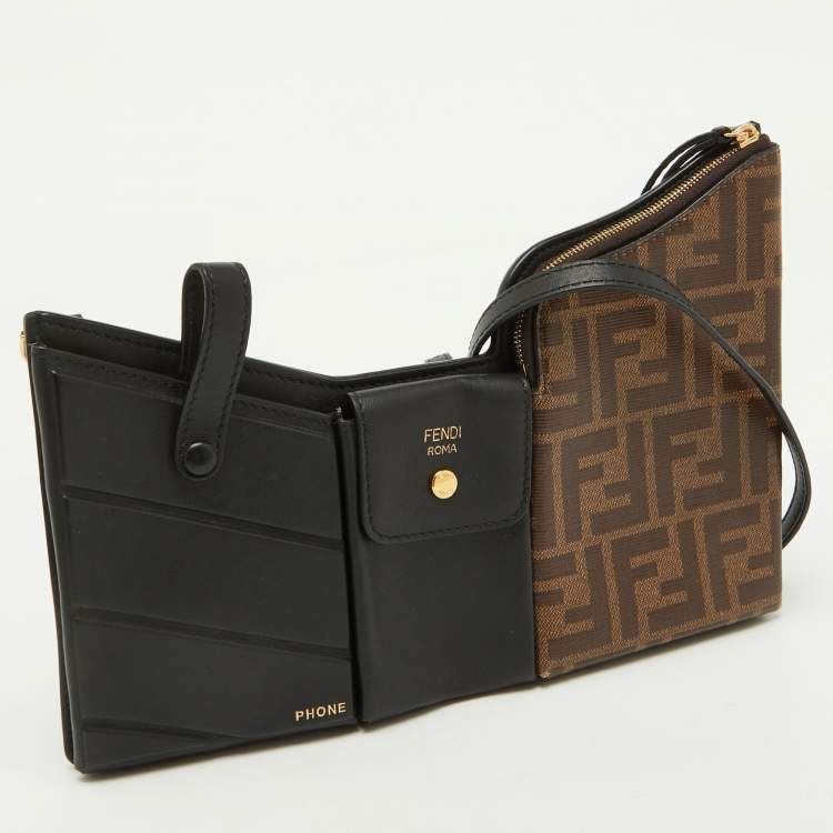 Pre Owned Fendi Black/Tobacco Zucca Coated Canvas and Leather Business 3 Pocket Crossbody Bag