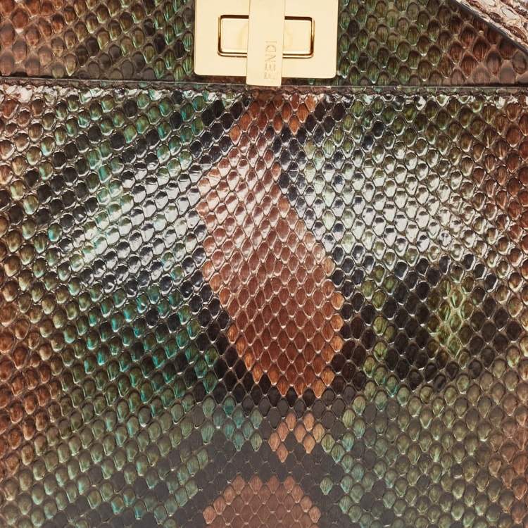 Pre Owned Fendi Brown/Green Python Mini Peekaboo Top Handle Bag