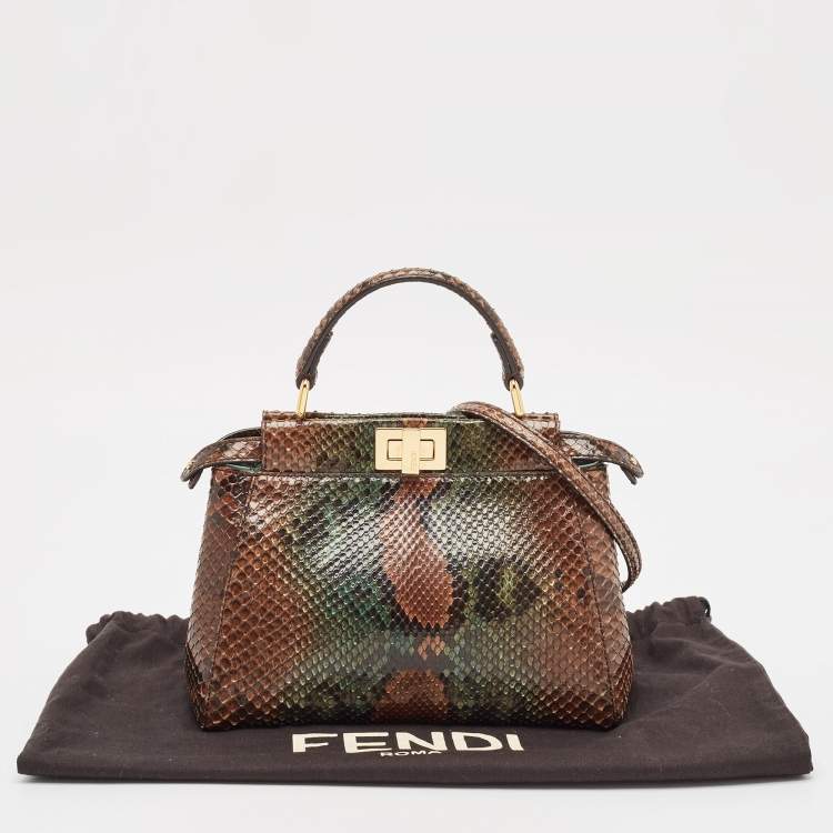 Pre Owned Fendi Brown/Green Python Mini Peekaboo Top Handle Bag