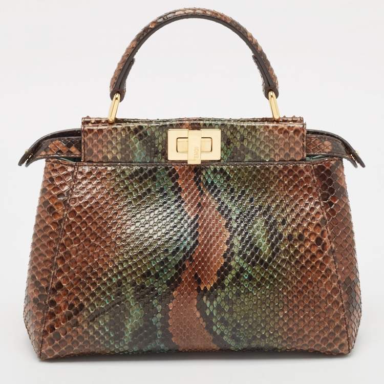 Pre Owned Fendi Brown/Green Python Mini Peekaboo Top Handle Bag