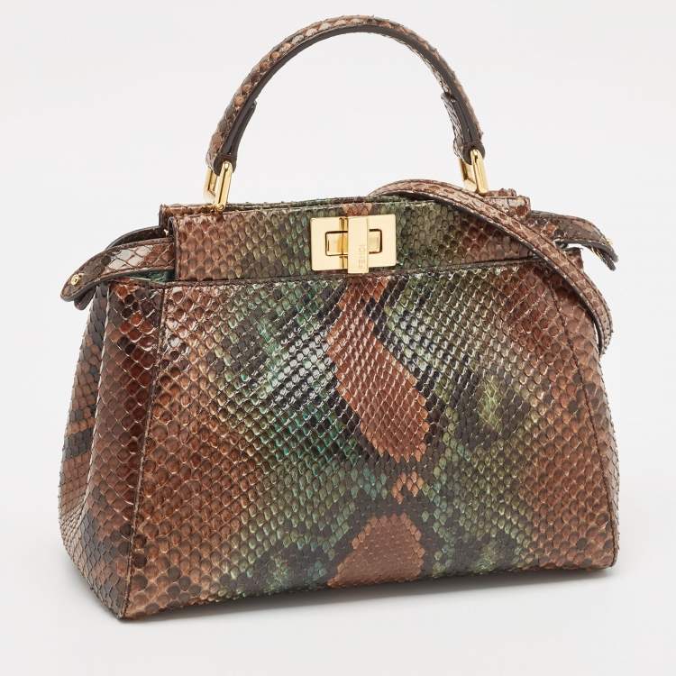 Pre Owned Fendi Brown/Green Python Mini Peekaboo Top Handle Bag