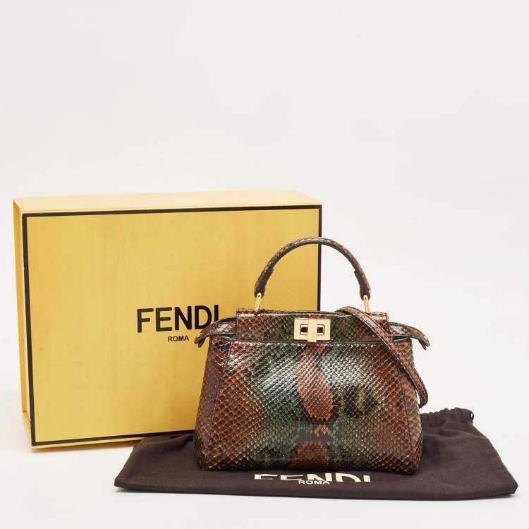 Pre Owned Fendi Brown/Green Python Mini Peekaboo Top Handle Bag
