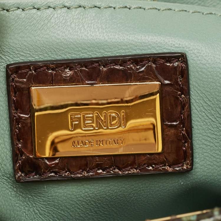 Pre Owned Fendi Brown/Green Python Mini Peekaboo Top Handle Bag