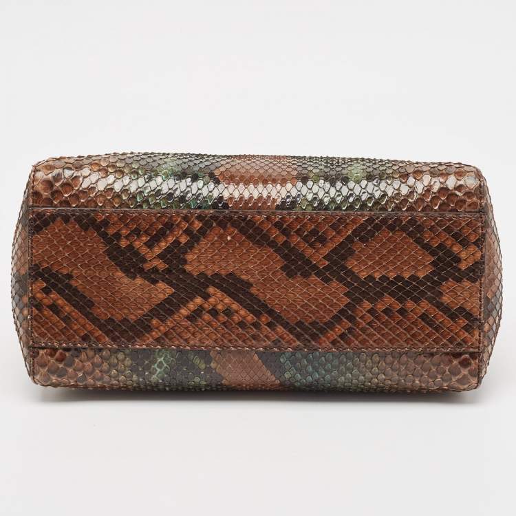 Pre Owned Fendi Brown/Green Python Mini Peekaboo Top Handle Bag