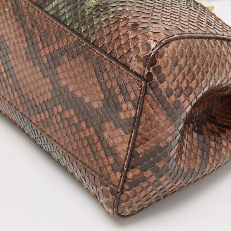 Pre Owned Fendi Brown/Green Python Mini Peekaboo Top Handle Bag