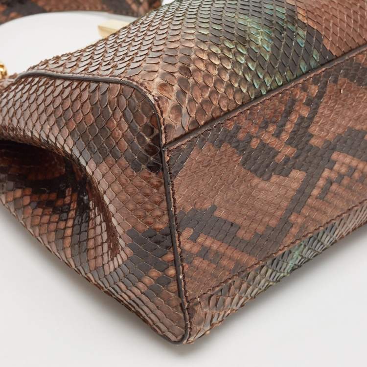 Pre Owned Fendi Brown/Green Python Mini Peekaboo Top Handle Bag