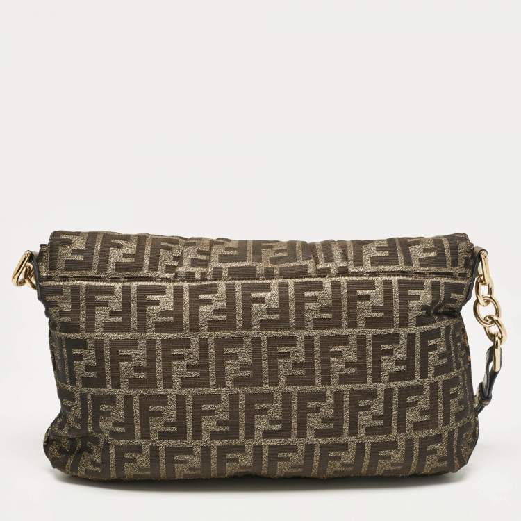 Pre Owned Fendi Brown Zucca Fabric Large Mia Flap Shoulder Bag