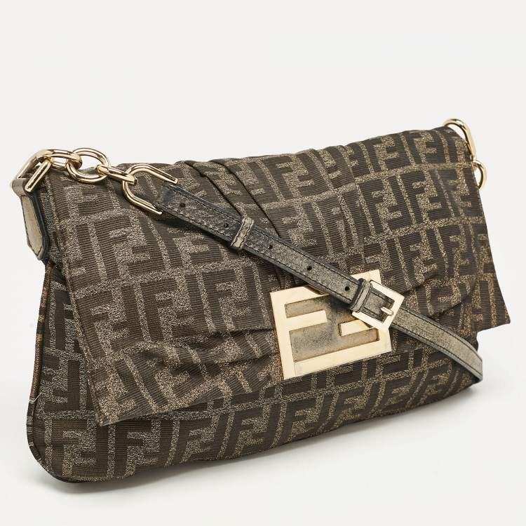 Pre Owned Fendi Brown Zucca Fabric Large Mia Flap Shoulder Bag