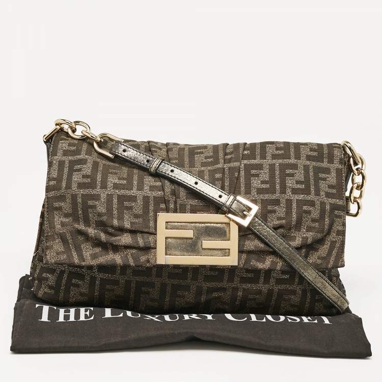 Pre Owned Fendi Brown Zucca Fabric Large Mia Flap Shoulder Bag