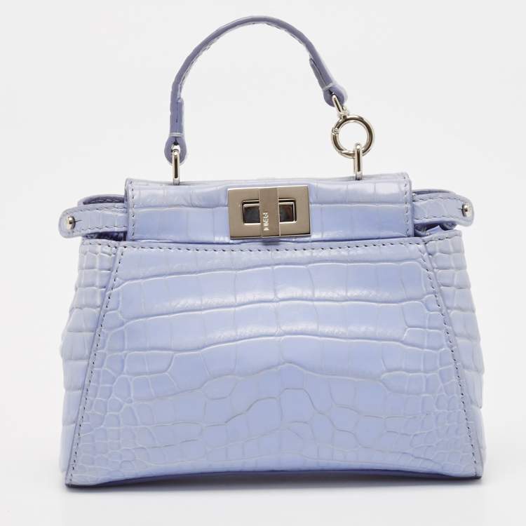 Pre Owned Fendi Light Blue Crocodile Micro Peekaboo Top Handle Bag