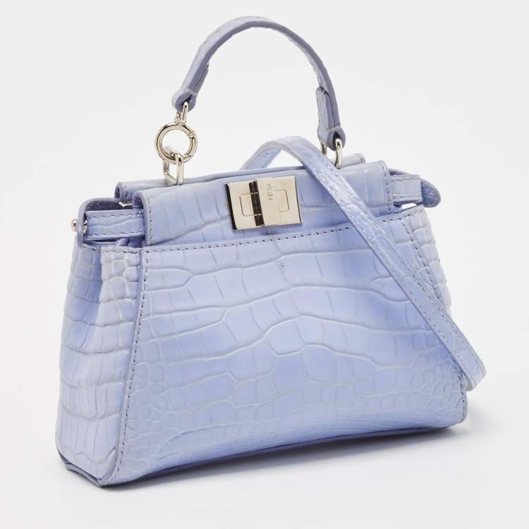 Pre Owned Fendi Light Blue Crocodile Micro Peekaboo Top Handle Bag