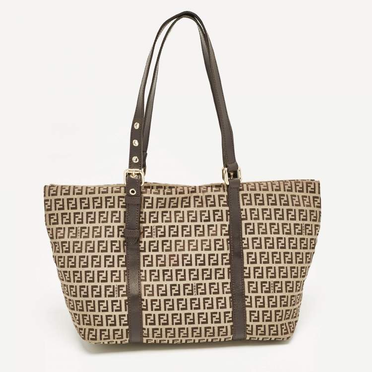 Pre Owned Fendi Dark Brown/Beige Zucchino Canvas Superstar Shopping Tote