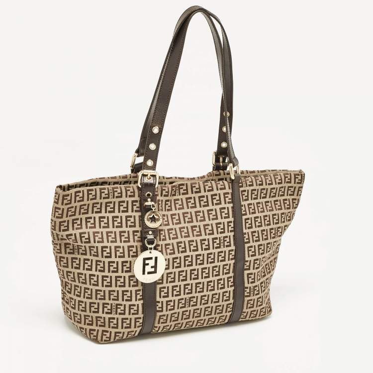 Pre Owned Fendi Dark Brown/Beige Zucchino Canvas Superstar Shopping Tote