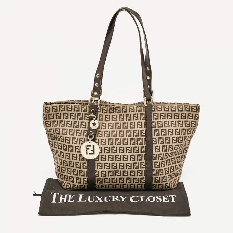 Pre Owned Fendi Dark Brown/Beige Zucchino Canvas Superstar Shopping Tote