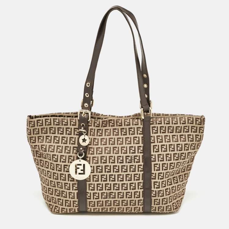 Pre Owned Fendi Dark Brown/Beige Zucchino Canvas Superstar Shopping Tote