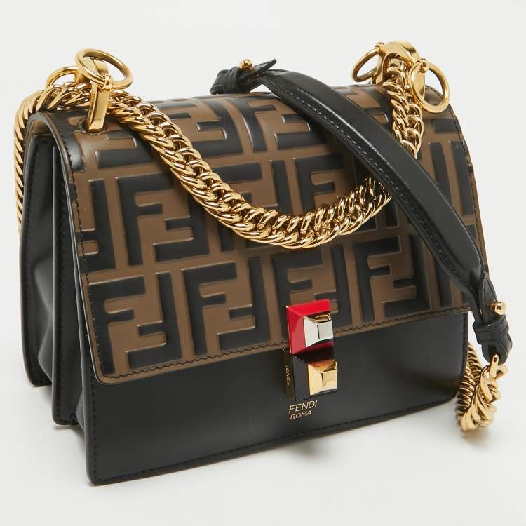 Pre Owned Fendi Brown/Black FF Leather Mini Kan I Shoulder Bag