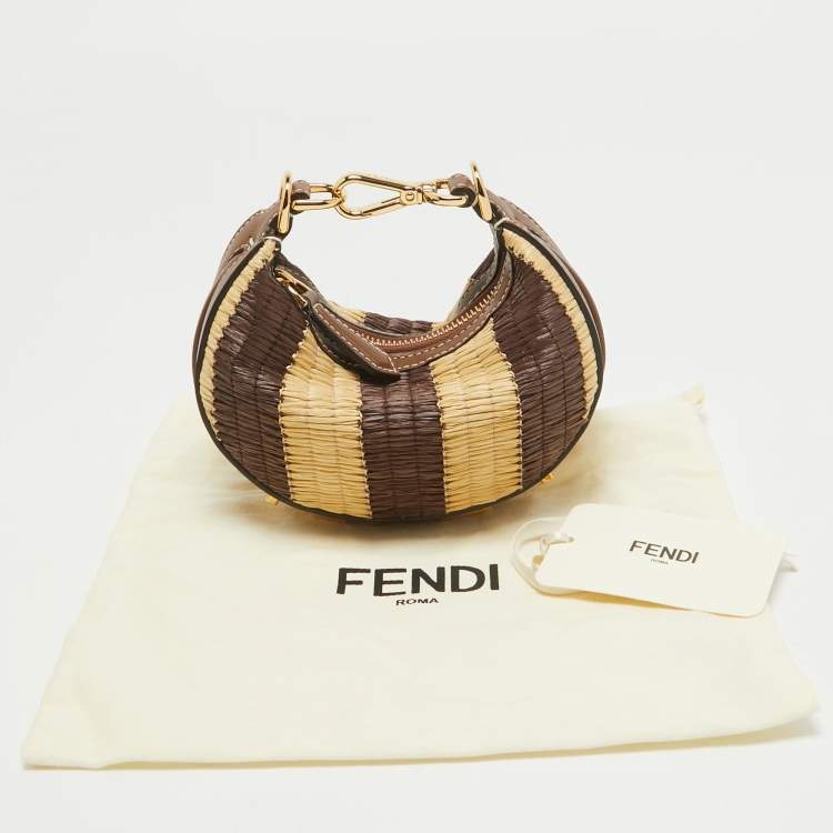 Pre Owned Fendi Brown/Cream Leather and Raffia Nano Fendigraphy Hobo