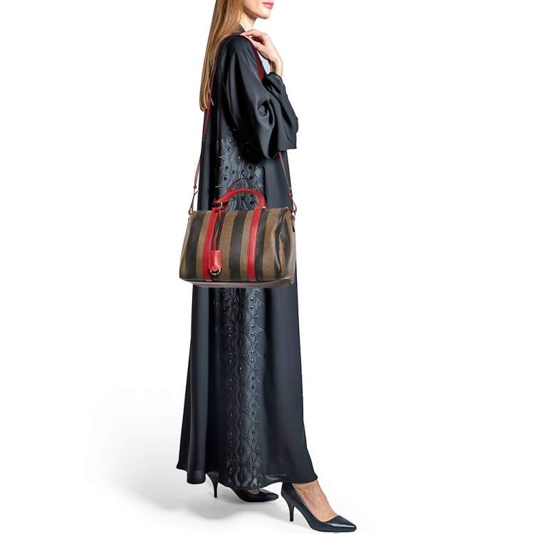 Pre Owned Fendi Tobacco Pequin Striped Coated Canvas and Leather Boston Bag