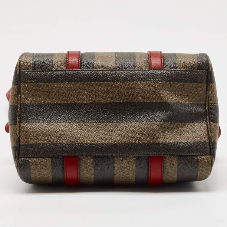 Pre Owned Fendi Tobacco Pequin Striped Coated Canvas and Leather Boston Bag
