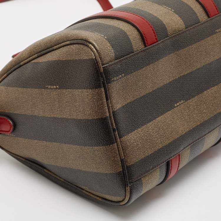 Pre Owned Fendi Tobacco Pequin Striped Coated Canvas and Leather Boston Bag