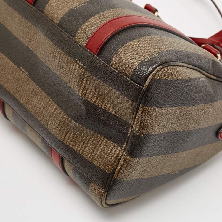 Pre Owned Fendi Tobacco Pequin Striped Coated Canvas and Leather Boston Bag