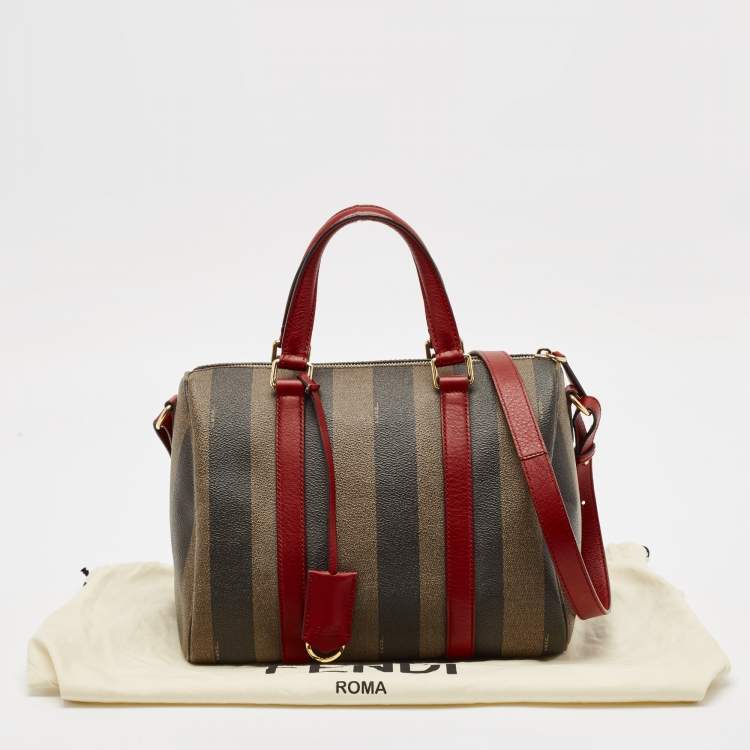 Pre Owned Fendi Tobacco Pequin Striped Coated Canvas and Leather Boston Bag