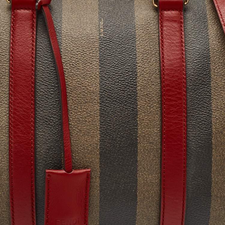 Pre Owned Fendi Tobacco Pequin Striped Coated Canvas and Leather Boston Bag