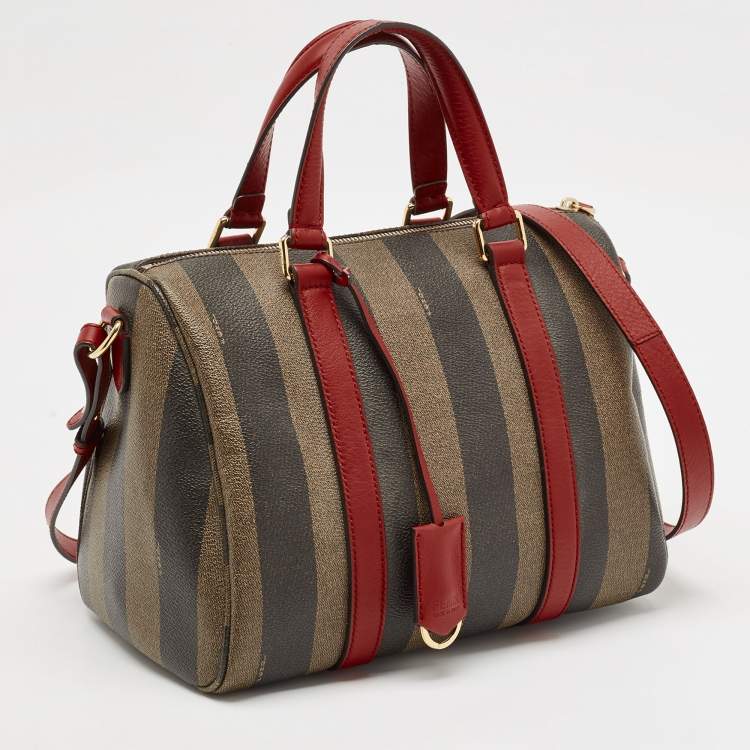 Pre Owned Fendi Tobacco Pequin Striped Coated Canvas and Leather Boston Bag