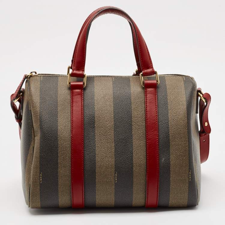 Pre Owned Fendi Tobacco Pequin Striped Coated Canvas and Leather Boston Bag