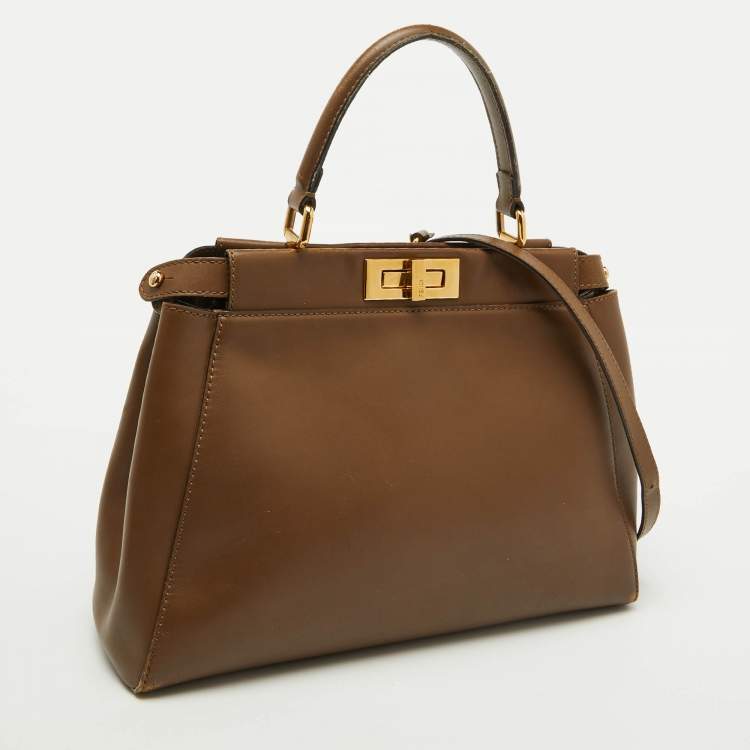 Pre Owned Fendi Brown Leather Medium Peekaboo Top Handle Bag