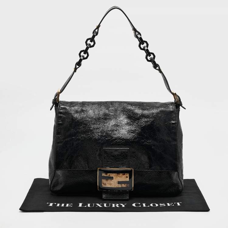 Pre Owned Fendi Black Crinkled Patent Leather Mama Baguette Shoulder Bag