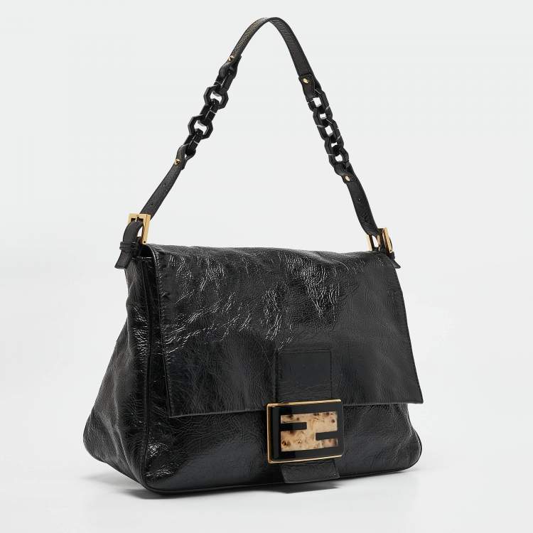 Pre Owned Fendi Black Crinkled Patent Leather Mama Baguette Shoulder Bag