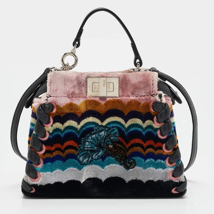Pre Owned Fendi Multicolor Velvet and Leather Micro Whipstitched Peekaboo Top Handle Bag