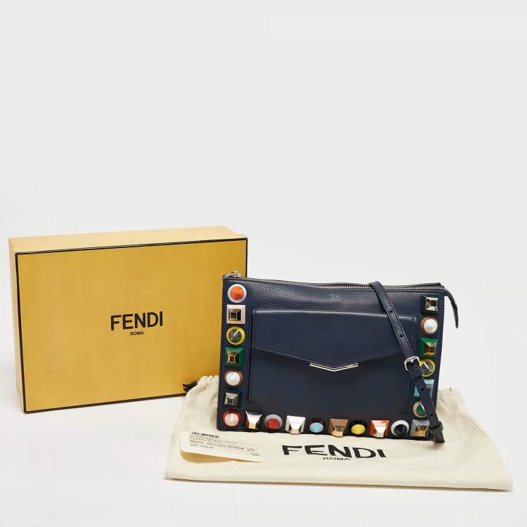 Pre Owned Fendi Navy Blue Leather Rainbow Studded Crossbody Bag