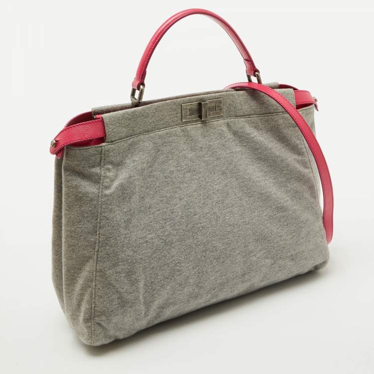 Pre Owned Fendi Grey/Pink Jersey and Leather Large Limited Edition Peekaboo Top Handle Bag