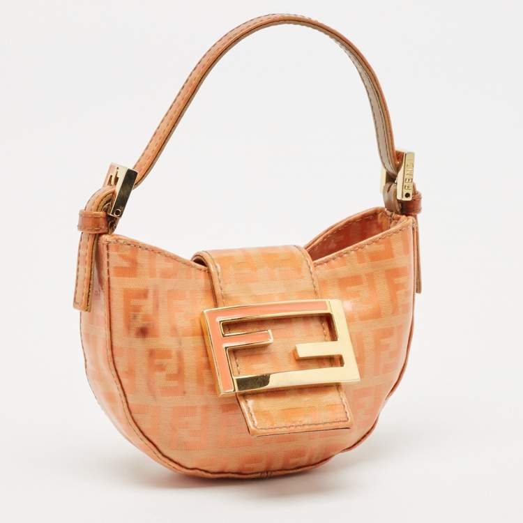 Pre Owned Fendi Orange Zuchinno Coated Fabric  Micro Croissant Hobo